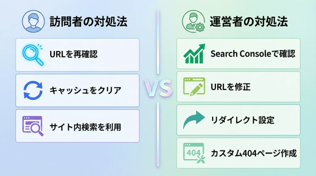 404エラーの訪問者と運営者の対処法を比較する図表。左半分は訪問者の対処法(URL再確認、キャッシュクリア、サイト内検索)、右半分は運営者の対処法(Search Console確認、URL修正、リダイレクト設定、カスタム404ページ作成)を表示