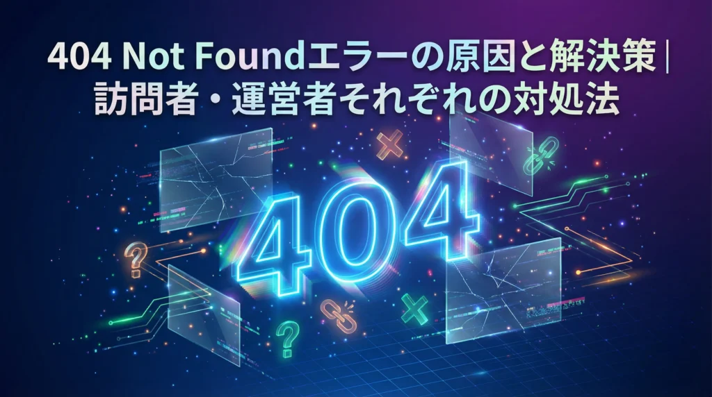404 Not Foundエラーの原因と解決策を示す未来的なビジュアル。中央に大きなネオンブルーの404文字、周囲に破損したリンクと欠落ページを表す抽象的な幾何学形状が配置されている