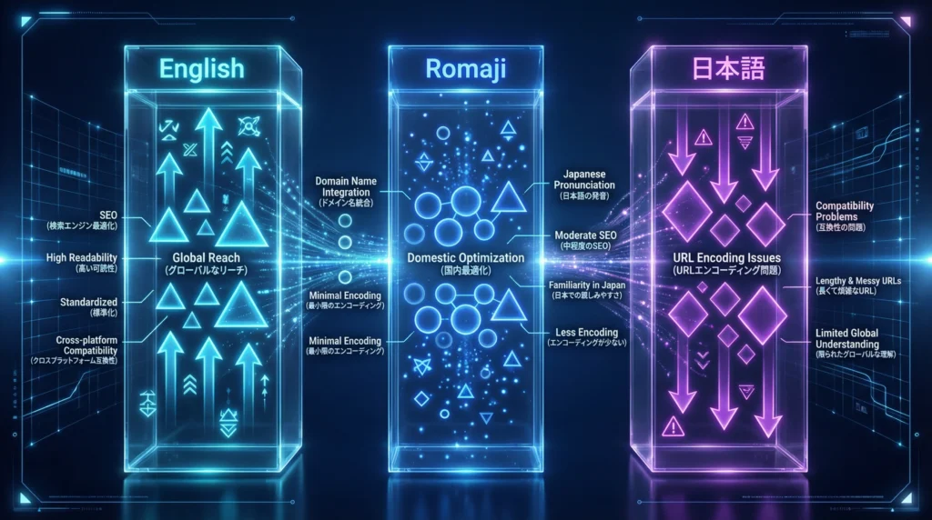 英語・ローマ字・日本語URLスラッグの長所短所を示す比較チャート|3つの透明カラムで各選択肢の特徴を可視化した未来的データ図
