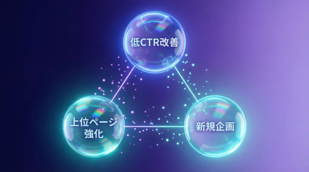 GA4とサーチコンソール連携データを活用したSEO改善の3つのヒント|低CTR改善、上位ページ強化、新規企画