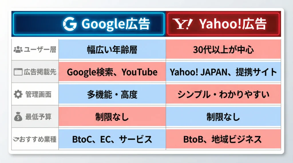 Google広告とYahoo!広告の違いを示す比較表。5つの項目で比較:①ユーザー層(Google:幅広い年齢層 vs Yahoo!:30代以上が中心)、②広告掲載先(Google:Google検索・YouTube vs Yahoo!:Yahoo! JAPAN・提携サイト)、③管理画面(Google:多機能・高度 vs Yahoo!:シンプル・わかりやすい)、④最低予算(両方とも制限なし)、⑤おすすめ業種(Google:BtoC・EC・サービス vs Yahoo!:BtoB・地域ビジネス)。ネオンブルーとレッドの色分けで一目で比較可能。