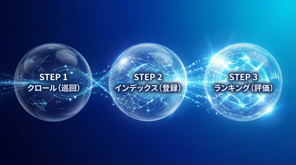 Googleが記事を評価する3つのステップ｜クロール（巡回）→インデックス（登録）→ランキング（評価）