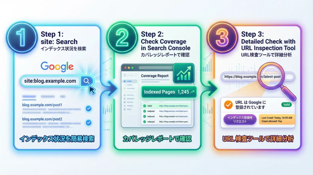インデックス状況確認の3ステップフロー図｜site:検索、Search Consoleカバレッジ確認、URL検査ツールでの詳細分析手順を図解