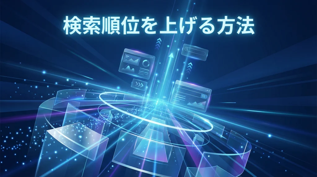 検索順位を上げる方法を示す未来的なデータフロー可視化｜透明なUIパネルと上昇する光の粒子でSEO対策の効果を表現したアイキャッチ画像