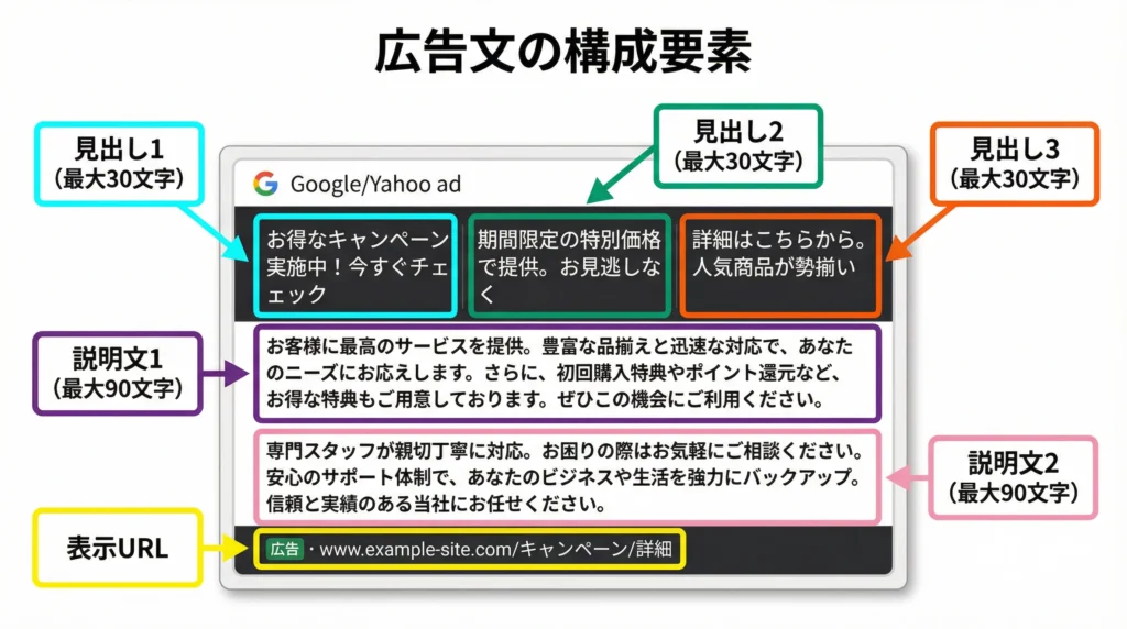 リスティング広告の広告文の構成要素を6つに分解して表示。①見出し1（最大30文字、ネオンブルー）、②見出し2（最大30文字、エメラルドグリーン）、③見出し3（最大30文字、オレンジ）、④説明文1（最大90文字、パープル）、⑤説明文2（最大90文字、ピンク）、⑥表示URL（イエロー）。Google/Yahoo!広告の実際の表示形式に合わせたモックアップで、各要素に色分けされたラベルと文字数制限を明示。