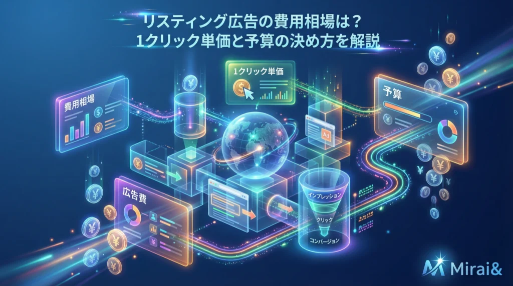 リスティング広告の費用相場、1クリック単価、予算の決め方を解説する未来的なビジュアル。透明なガラスとホログラム構造で広告費用とクリック単価の概念を表現し、ネオンブルー、エメラルドグリーン、オレンジ、パープルの光のデータストリームが予算の流れを可視化している。