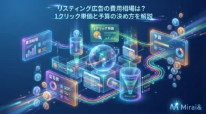 リスティング広告の費用相場、1クリック単価、予算の決め方を解説する未来的なビジュアル。透明なガラスとホログラム構造で広告費用とクリック単価の概念を表現し、ネオンブルー、エメラルドグリーン、オレンジ、パープルの光のデータストリームが予算の流れを可視化している。