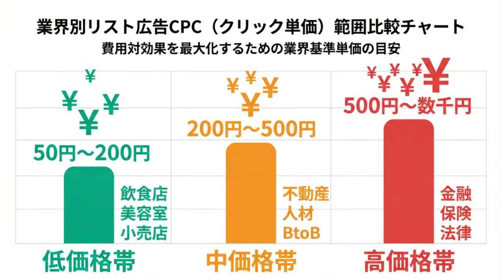 リスティング広告の業種別1クリック単価(CPC)の相場を示す比較チャート。低価格帯(50円〜200円)は飲食店・美容室・小売店、中価格帯(200円〜500円)は不動産・人材・BtoB、高価格帯(500円〜数千円)は金融・保険・法律。エメラルドグリーン、オレンジ、レッドの色分けで一目で比較可能。