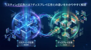 リスティング広告とディスプレイ広告の違いを表現した未来的なビジュアル｜透明な幾何学形状とデータフローで2つの広告タイプを視覚化したアイキャッチ画像