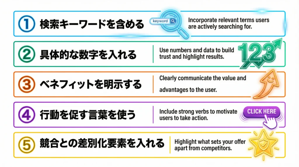 効果的なリスティング広告の見出しを作る5つのポイント。①検索キーワードを含める（ネオンブルー、虫眼鏡アイコン）、②具体的な数字を入れる（エメラルドグリーン、123数字）、③ベネフィットを明示する（オレンジ、上向き矢印）、④行動を促す言葉を使う（パープル、クリックアイコン）、⑤競合との差別化要素を入れる（イエロー、星アイコン）。各ポイントに番号と説明付き。