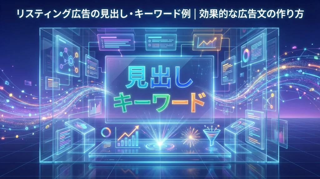 リスティング広告の見出しとキーワードを表現する未来的なビジュアル。透明なガラスとホログラム構造で「見出し」「キーワード」を幾何学的な形状で表現し、ネオンブルー、エメラルドグリーン、オレンジ、パープル、イエローのカラフルなデータストリームが広告文の最適化プロセスを可視化している。