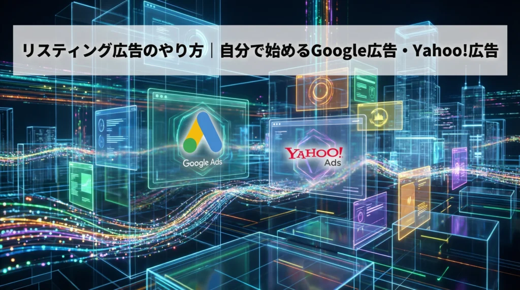 リスティング広告のやり方を解説する未来的なビジュアル。透明なガラスとホログラム構造でGoogle広告とYahoo!広告のロゴを抽象的な幾何学形状で表現し、ネオンブルー、エメラルドグリーン、オレンジ、パープル、イエローのカラフルなデータストリームが広告運用のワークフローを可視化している。