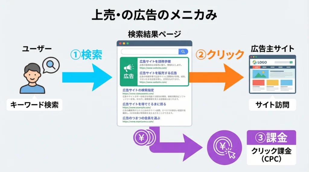 リスティング広告(検索連動型広告)の仕組みを示すフロー図|ユーザーの検索からクリック課金までの流れをわかりやすく解説した教育的ダイアグラム