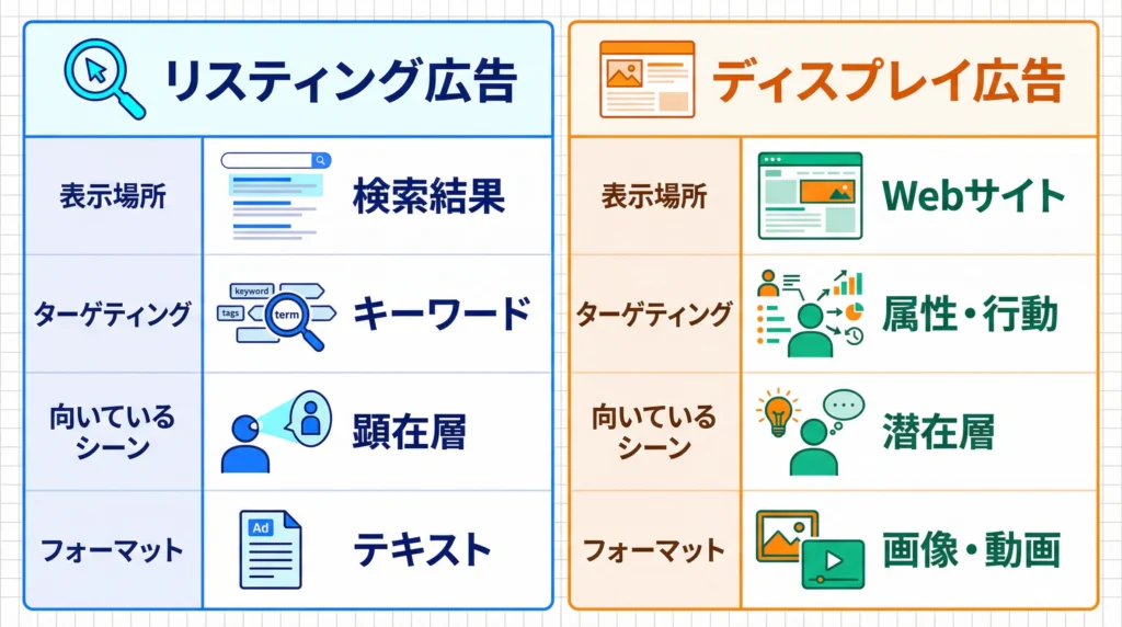 リスティング広告とディスプレイ広告を比較した表|表示場所・ターゲティング・向いているシーン・フォーマットの違いを視覚化した比較チャート
