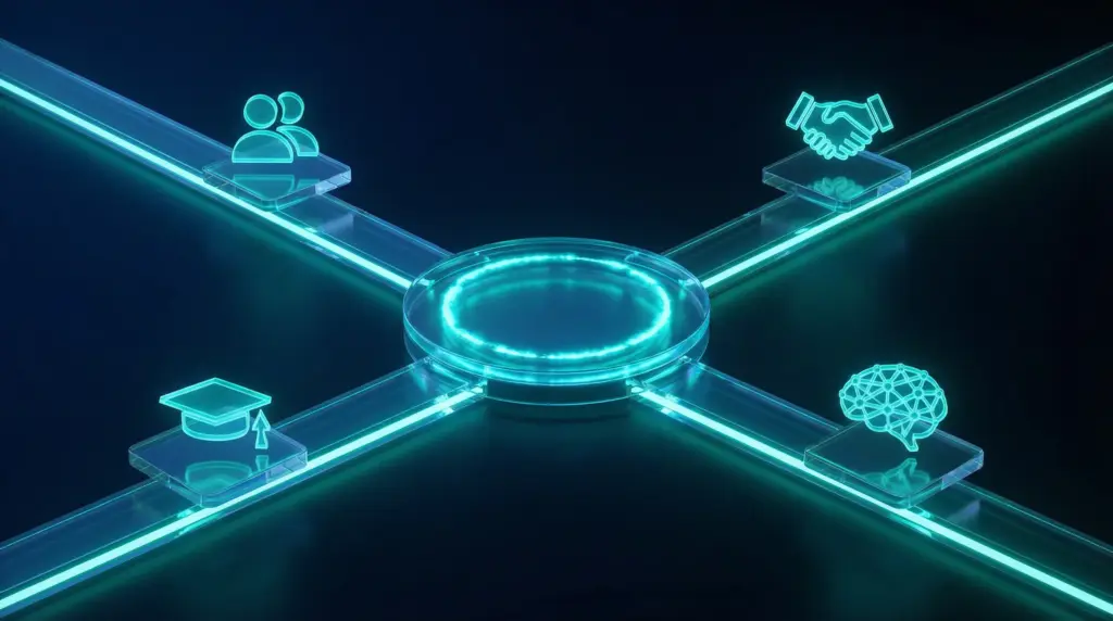 広報担当者不在の企業が選択できる4つの対策（兼務・外注・育成・AI）の比較図