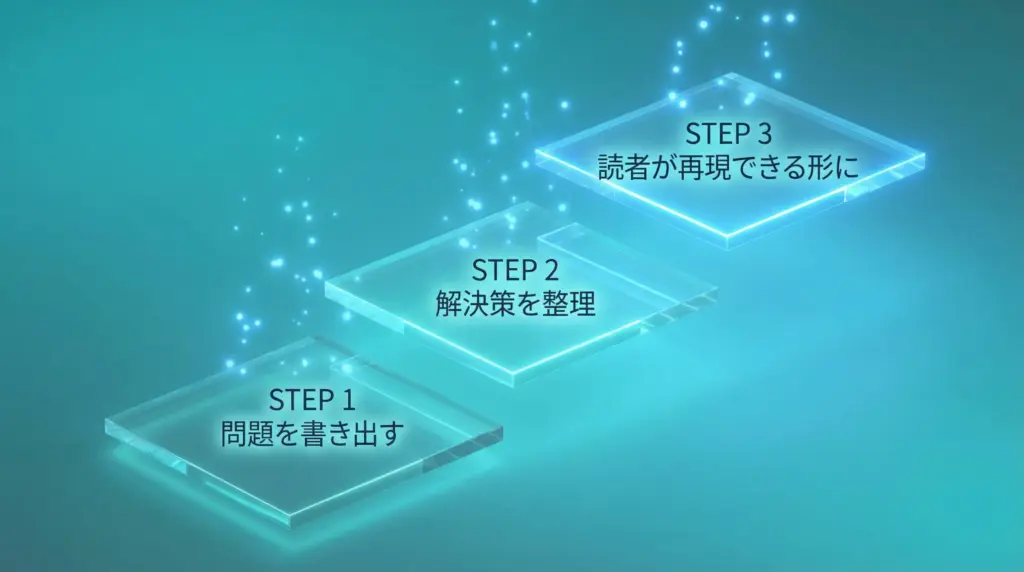 実体験を記事化する3ステップ|問題を書き出す→解決策を整理→読者が再現できる形に