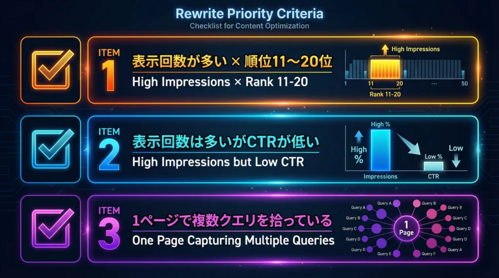 リライト優先順位を決める3つの基準をチェックリスト形式で図解|①表示回数が多い×順位11-20位、②表示回数は多いがCTRが低い、③1ページで複数クエリを拾っている