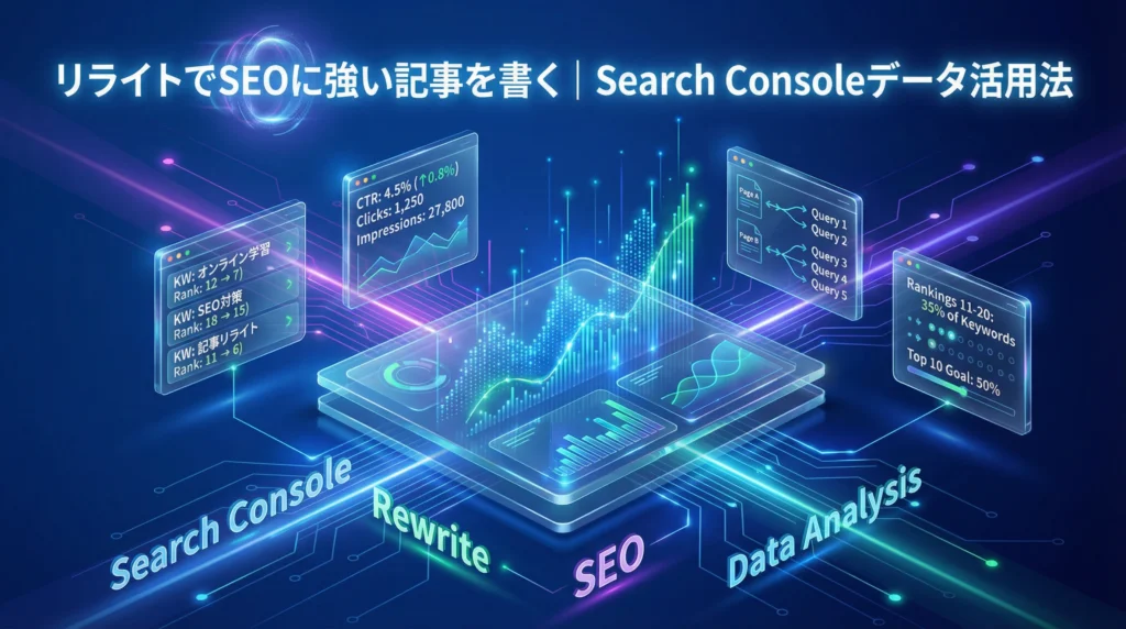 リライトでSEOに強い記事を書く方法を示す未来的なビジュアル図解｜Search Consoleデータ分析、ページ×クエリ、順位11-20位、CTR改善、リライト優先順位の決定手法