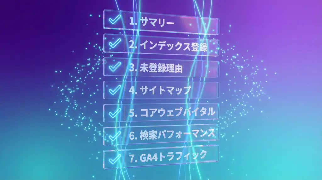 サーチコンソールとGA4の7画面チェックリスト｜サマリー、インデックス登録、未登録理由、サイトマップ、コアウェブバイタル、検索パフォーマンス、GA4トラフィック
