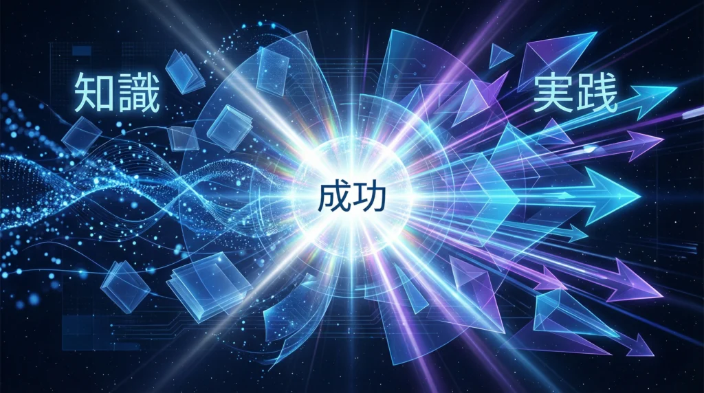SEOの知識と実践の統合を示す概念図|左側に知識、右側に実践、中央に成功の光を配置した対称構図のデータ可視化