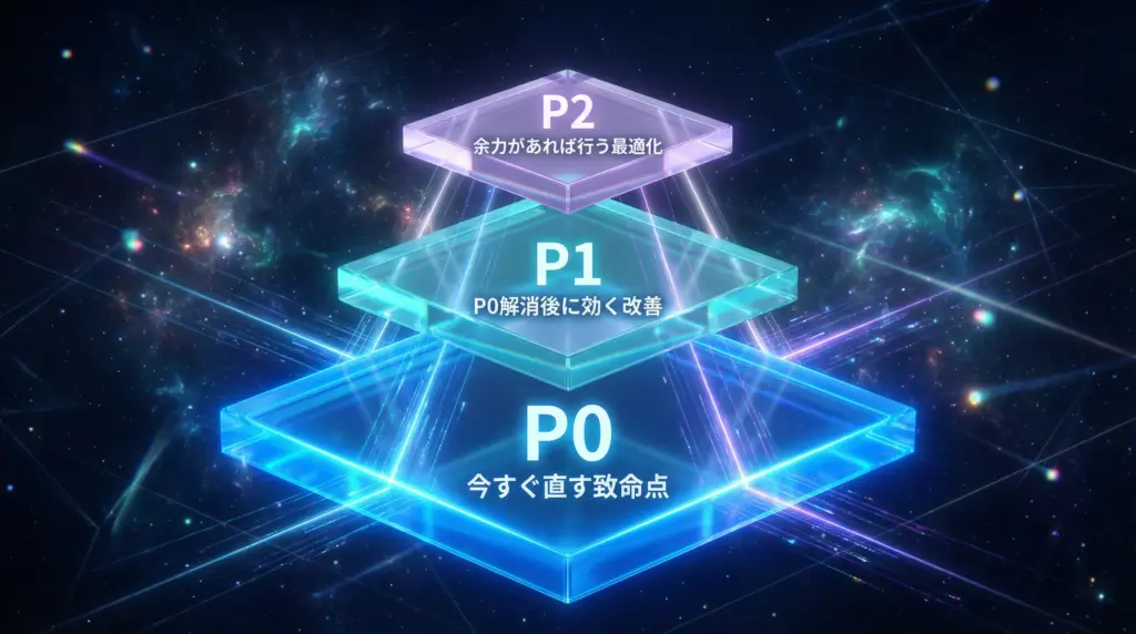 SEO改善の優先順位フレームワーク｜P0（今すぐ直す致命点）→P1（P0解消後に効く改善）→P2（余力があれば行う最適化）