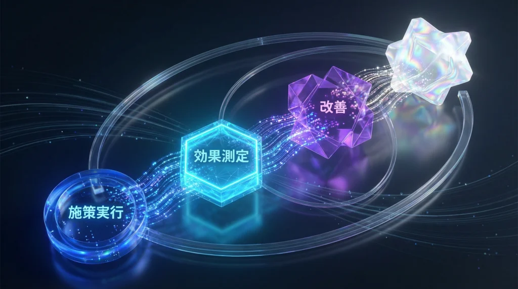 SEO対策の施策実行から効果測定、改善までの段階的フローを示すプロセス図|3つの幾何学形状が光のパーティクルで接続された未来的可視化