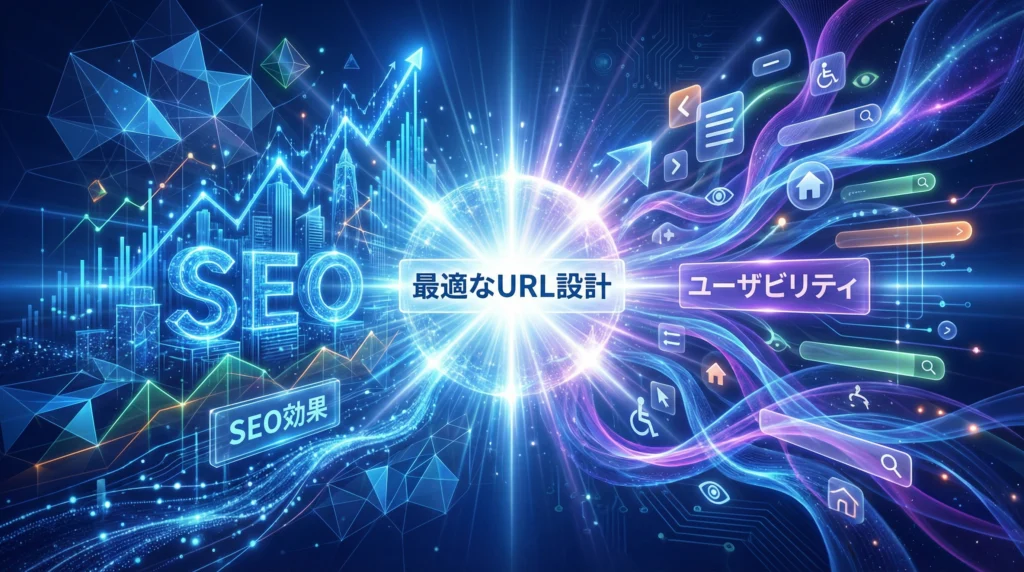 SEOとユーザビリティの統合を示す概念図|左半球にSEO要素、右半球にユーザビリティ要素、中央に最適なURL設計の光を配置した対称構図