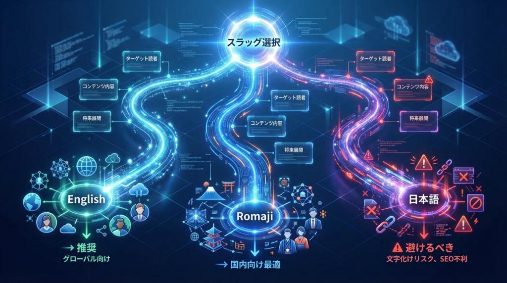 WordPressで最適なURLスラッグタイプを選択するフローチャート|中央ノードから3方向に分岐する光の道筋で意思決定プロセスを可視化