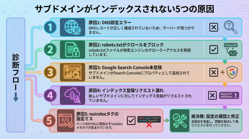 サブドメインがインデックスされない5つの原因をチェックリスト形式で図解｜DNS設定エラー、robots.txtブロック、Search Console未登録、インデックスリクエスト漏れ、noindexタグ設定ミスの診断フロー