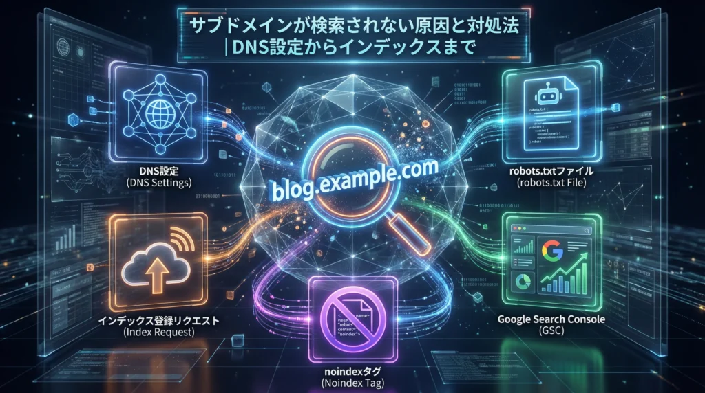 サブドメインが検索されない原因と対処法を示す未来的なビジュアル図解｜DNS設定、robots.txt、Search Console、インデックスリクエスト、noindexタグの5つの診断ポイント