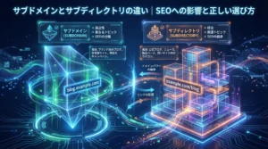 サブドメインとサブディレクトリの違いとSEOへの影響を示す未来的な図解。左側に独立したサブドメイン（blog.example.com）、右側に統合されたサブディレクトリ（example.com/blog）の構造を透明ガラスの建築物で表現。