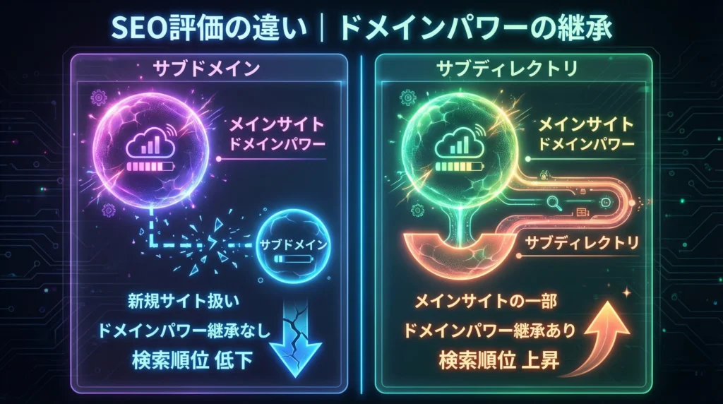 サブドメインとサブディレクトリのSEO評価とドメインパワー継承の違いを示す図解。サブドメインは新規サイト扱いで継承なし、サブディレクトリはメインサイトの一部で継承あり。