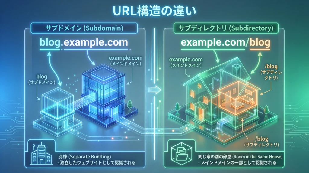 サブドメイン（blog.example.com）とサブディレクトリ（example.com/blog）のURL構造の違いを建築物のメタファーで説明する図解。左側は別棟、右側は同じ家の別の部屋として表現。