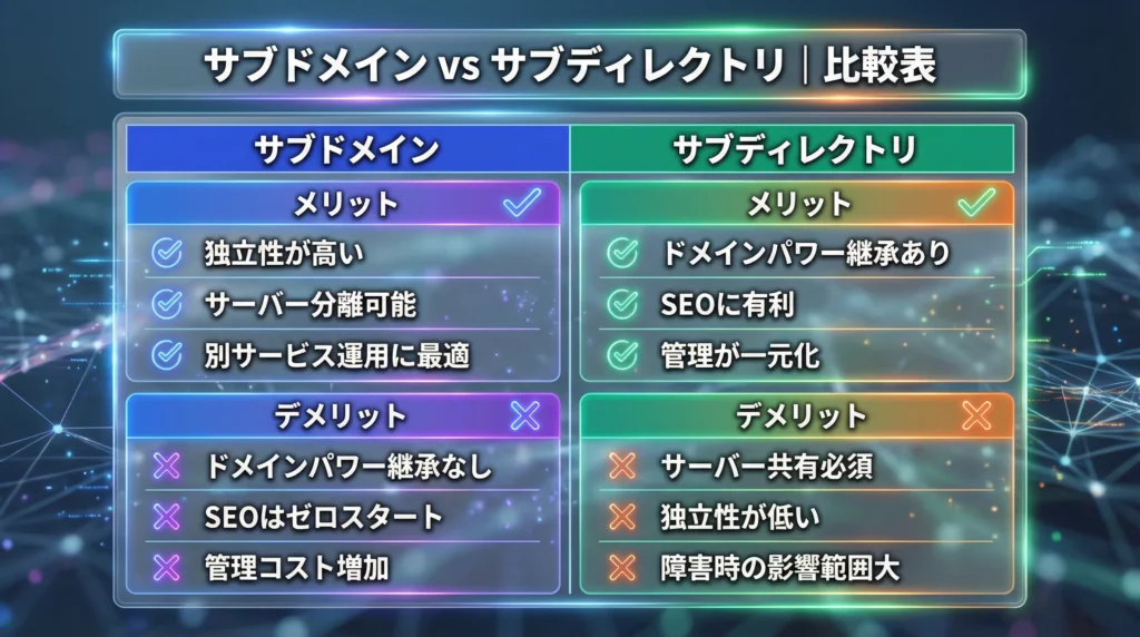 サブドメインとサブディレクトリのメリット・デメリットを比較した表。サブドメインは独立性が高いがSEOはゼロスタート、サブディレクトリはSEOに有利だが独立性が低い。
