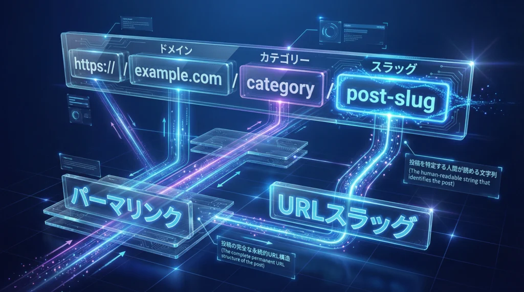 URLスラッグとパーマリンクの構造と違いを示す技術図|透明なガラスパネルでURL構成要素を分解表示した未来的ダイアグラム
