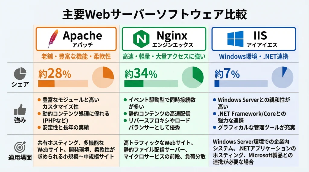 Apache・Nginx・IISの3大Webサーバーソフトウェアを比較した表|シェア・強み・適用場面を視覚化した比較チャート