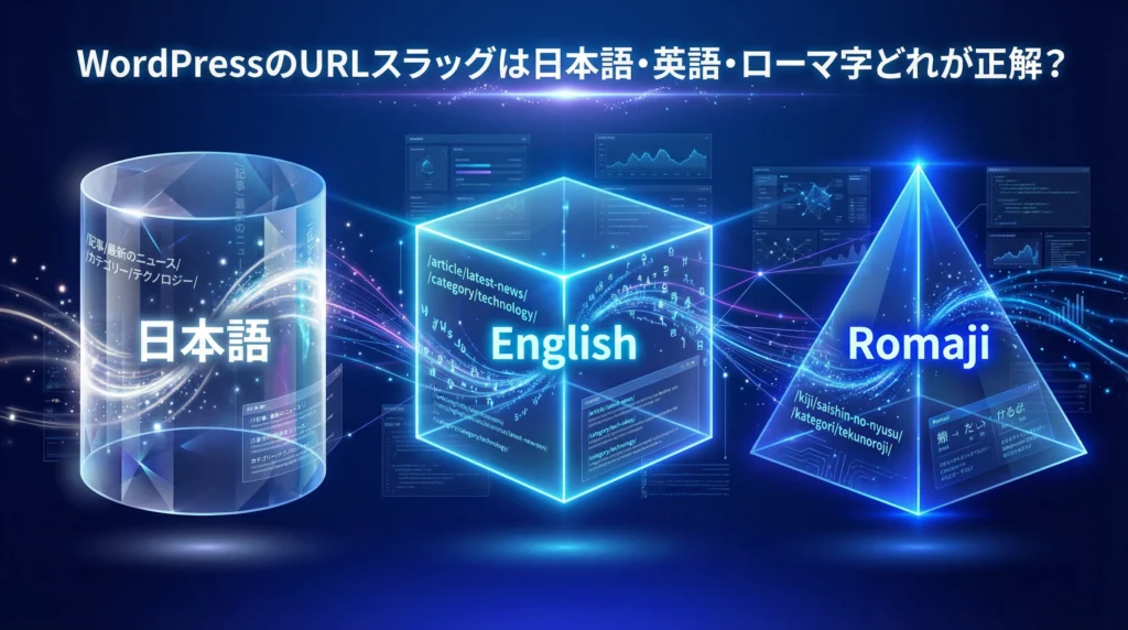 WordPressのURLスラッグ選択を示す3つの透明な幾何学形状｜日本語・英語・ローマ字の比較を未来的なデータ可視化で表現したアイキャッチ画像