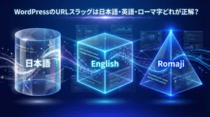 WordPressのURLスラッグ選択を示す3つの透明な幾何学形状｜日本語・英語・ローマ字の比較を未来的なデータ可視化で表現したアイキャッチ画像