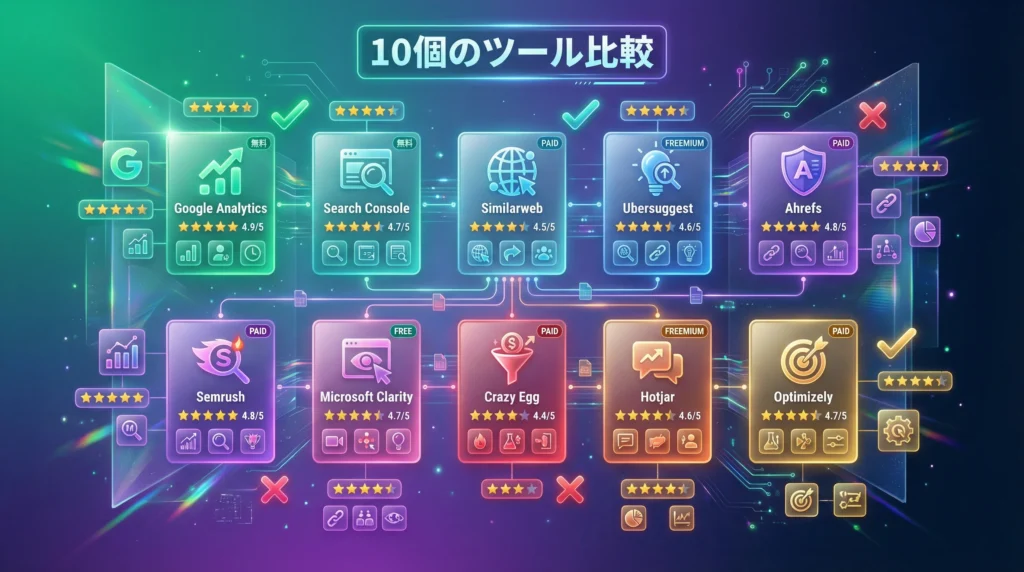 アクセス数調査ツール10選の比較：Google Analytics、Search Console、Similarweb、Ubersuggest、Ahrefs、Semrush等の機能・料金・評価を一覧表示