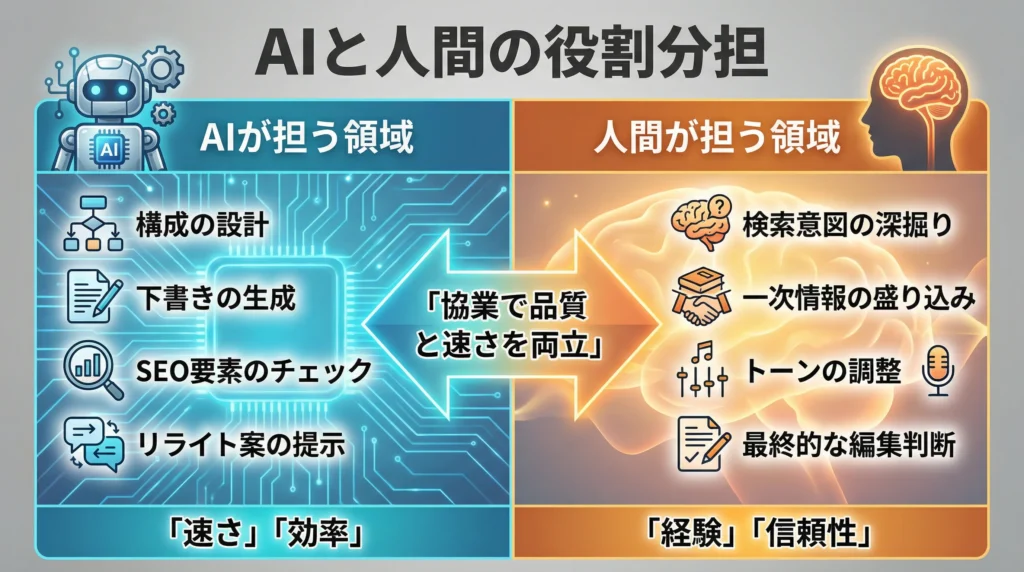 AIと人間の役割分担を比較した図解|Webコンテンツ作成におけるAIが担う領域(構成設計、下書き生成、SEOチェック、リライト案)と人間が担う領域(検索意図の深掘り、一次情報の盛り込み、トーン調整、最終編集判断)を視覚的に対比