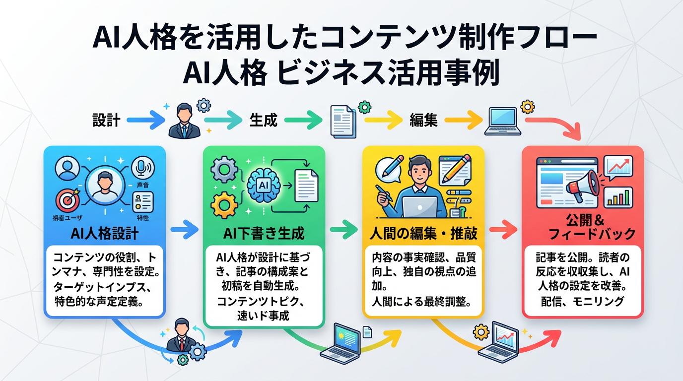 AI人格を活用したコンテンツ制作フロー(人格設計→下書き生成→人間の編集→公開のサイクル図)
