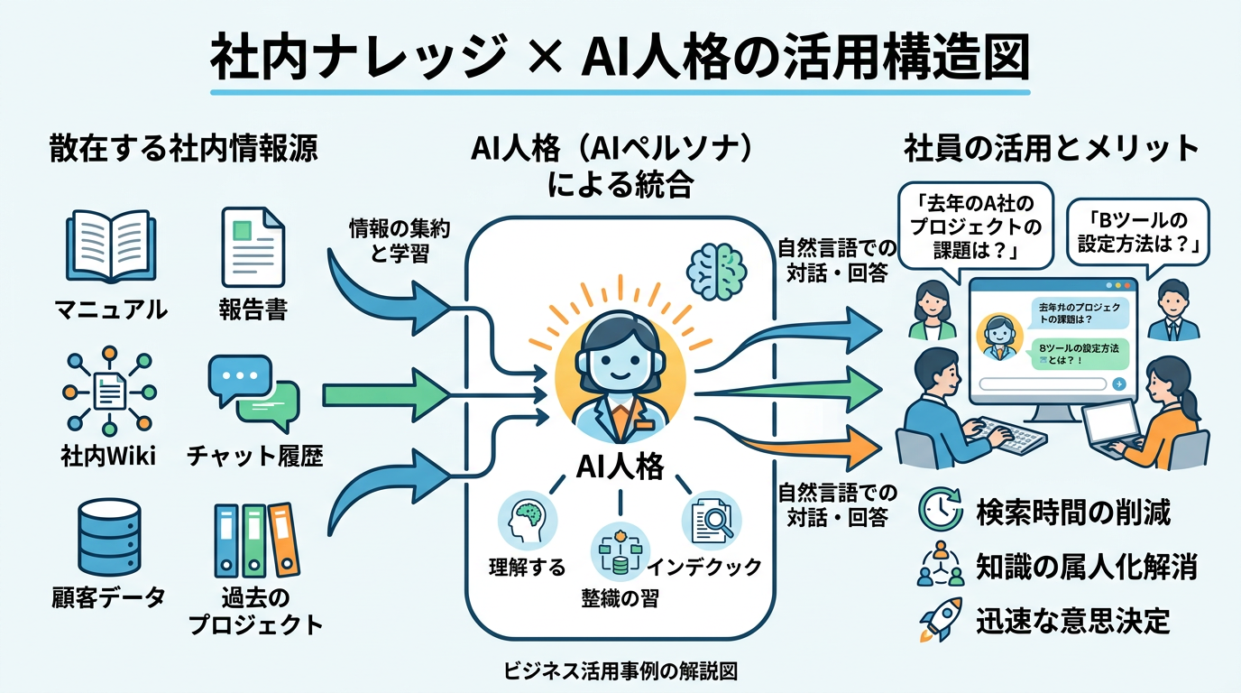社内ナレッジ × AI人格の活用構造(散在する情報源→AI人格が集約→社員が自然言語で検索)