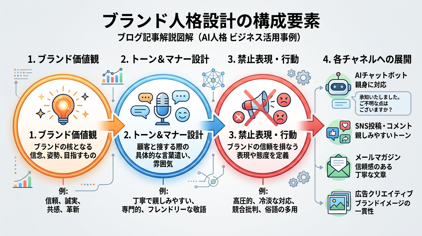 ブランド人格設計の構成要素(ブランド価値観→トーン設計→禁止表現→各チャネルへの展開)