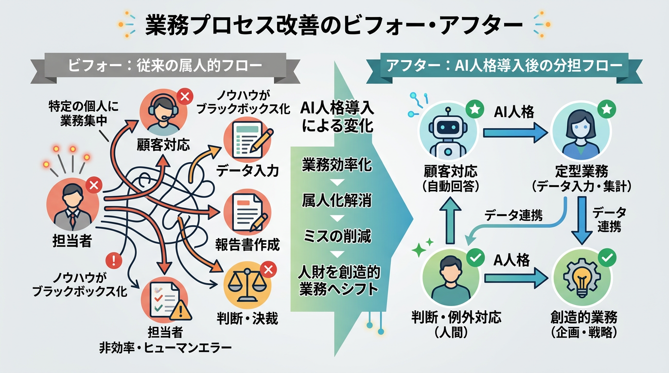 業務プロセス改善のビフォー・アフター(従来の属人的フロー→AI人格導入後の分担フロー)