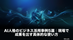 AI人格のビジネス活用事例を5つの領域で解説するアイキャッチ画像。コンテンツ制作・カスタマーサポート・社内ナレッジ・ブランディング・業務プロセス改善の5つの活用シーンを視覚化