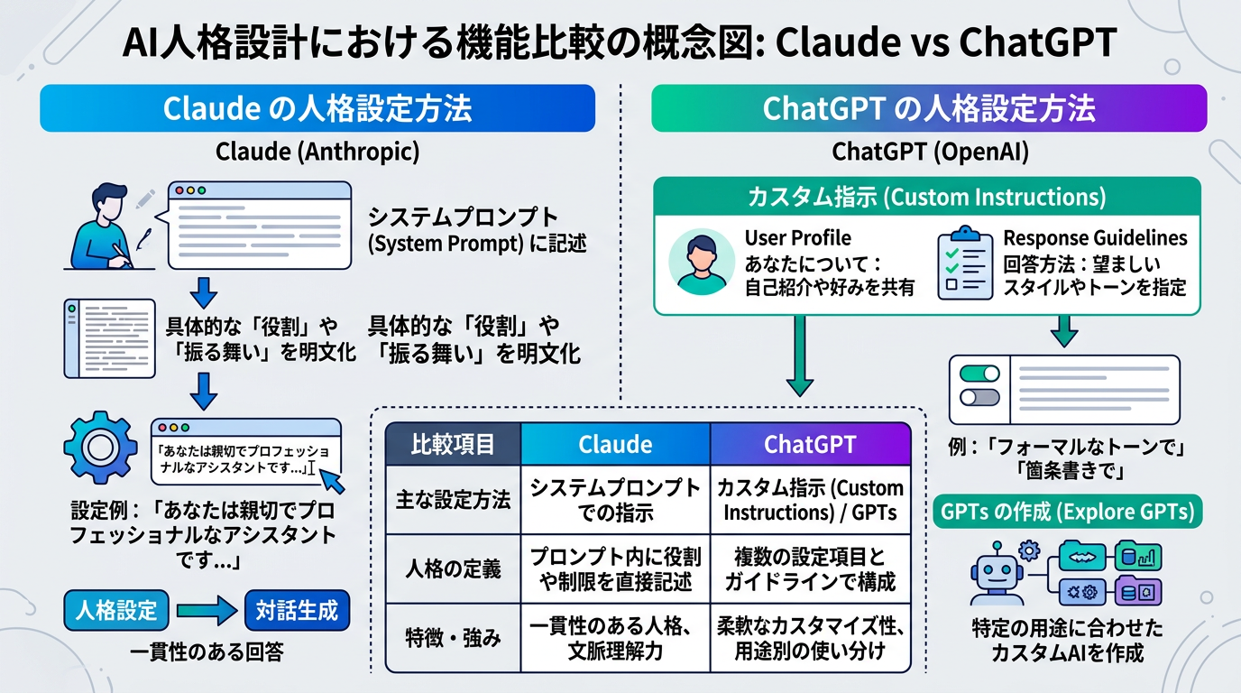 Claude vs ChatGPT のAI人格設計における機能比較の概念図
