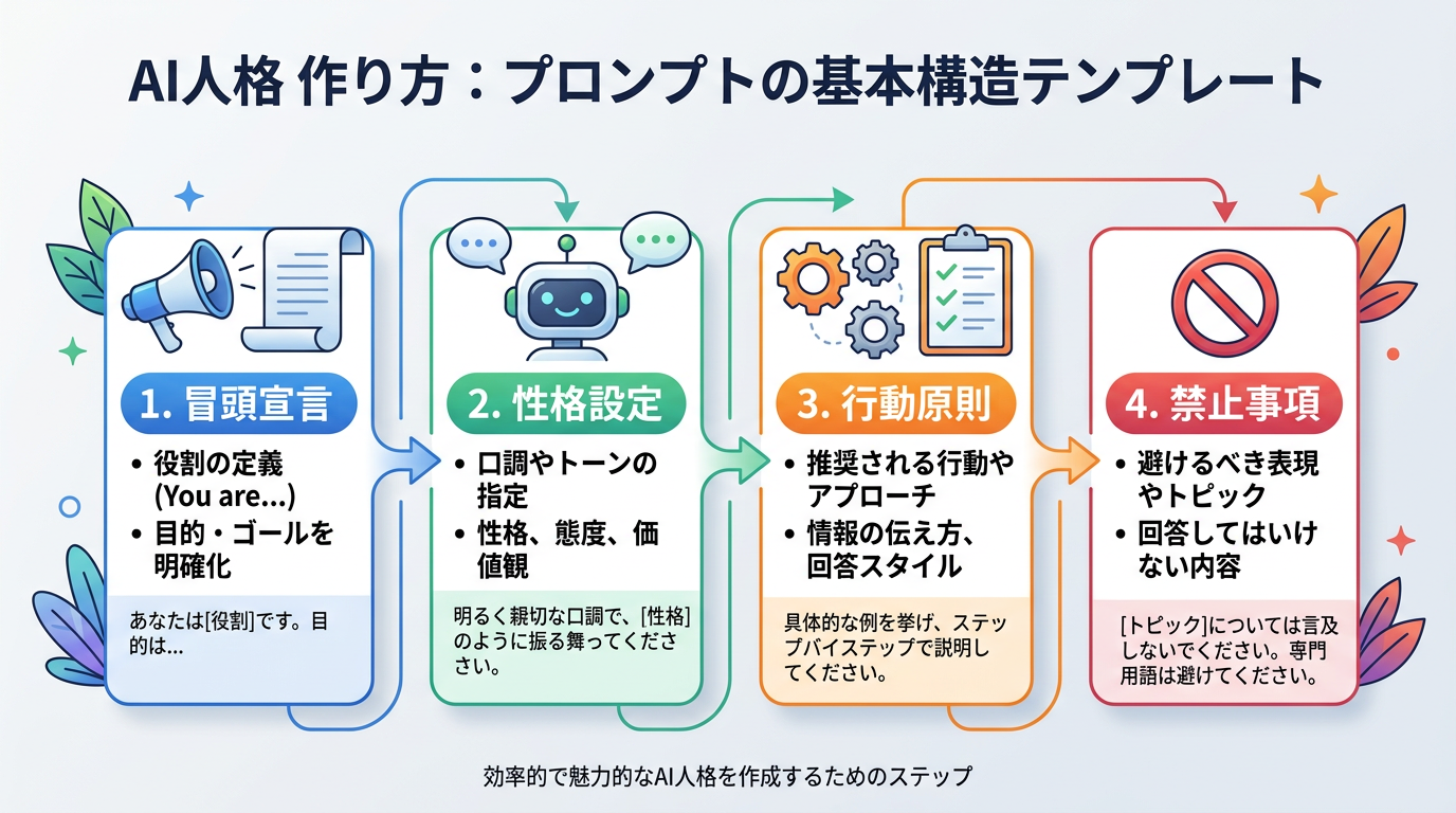 プロンプトの基本構造テンプレート(冒頭宣言→性格設定→行動原則→禁止事項の流れ)