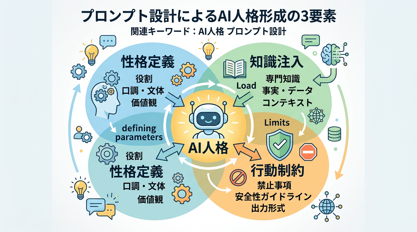 性格定義・知識注入・行動制約の3要素が重なり合ってAI人格を形成する概念図