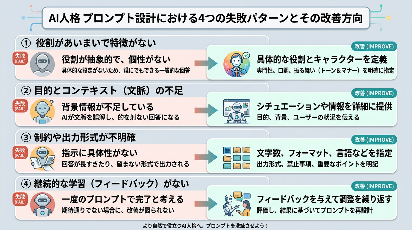 4つの失敗パターンとその改善方向を対比で示す図