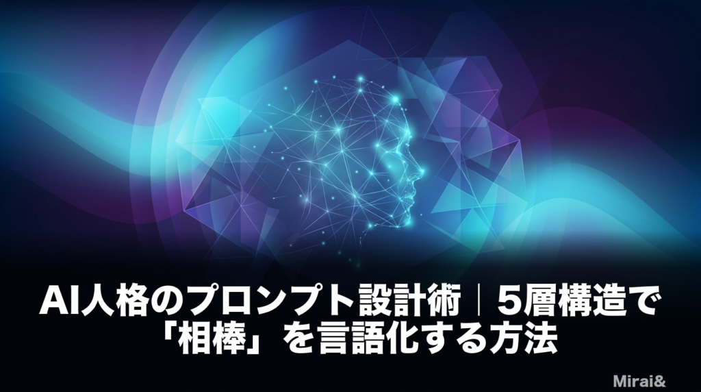 AI人格のプロンプト設計術を解説するアイキャッチ画像。性格定義・知識注入・行動制約の3要素と、基本設定から出力形式までの5層構造で相棒を言語化する設計手法を視覚化